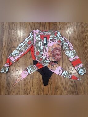 NWT!! Nasty Gal Pink, Red & Black Paisley Wrap Bodysuit